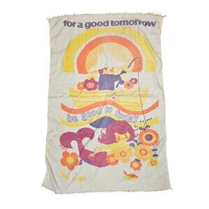 Vintage 70s Beach Towel Rainbow Mermaid Flowers Retro Fishing By Phyllis‎